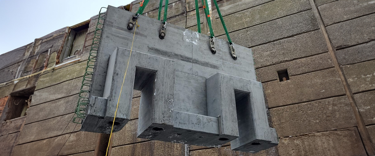 precast concrete wall being installed at snell lock